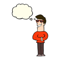 cartoon grinning man wearing sunglasses with thought bubble