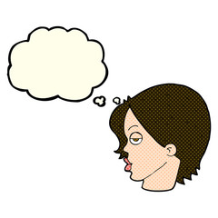 cartoon woman raising eyebrow with thought bubble