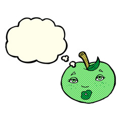cartoon apple with face with thought bubble