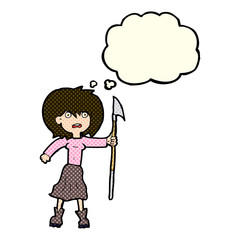 cartoon woman with harpoon with thought bubble