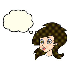 cartoon pretty surprised woman with thought bubble