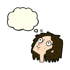 cartoon staring woman with thought bubble