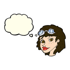cartoon happy woman wearing aviator goggles with thought bubble