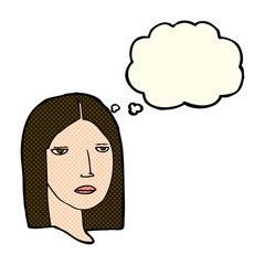 cartoon serious woman with thought bubble