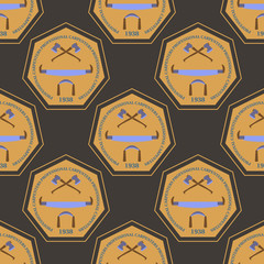 Logotype for construction and carpentry industries.  Design elements, objects and tools. Logo for natural log home builders and wood craftsmen. Vector illustration seamless pattern and wallpaper. 
