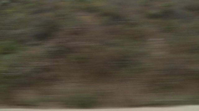 A car travels along Pacific Coast Highway as seen through the side window.