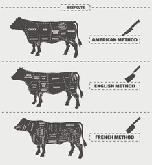 Cuts of beef. American, english and french method. Vector vintage monochrome illustration on a gray background.