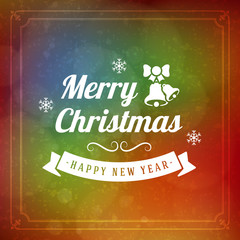 Christmas Postcard Decoration with Vintage Typographic Badge and Colorful Blurred Background. Vector Illustration. Eps 10