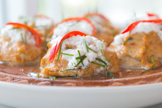 Thai Food, Steam Fish With Curry Paste On Earthenware