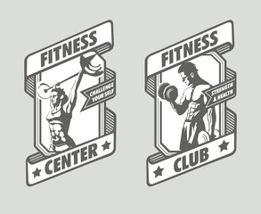 Vector illustration of a woman with a barbell and man with a dumbbell in the frames. Fitness posters and logos.