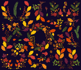 Naklejka premium Vector Collection of Vintage Style Autumn or Fall Flowers and Laurels