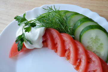 tomato and cucumber on white plate