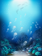 Fototapeta na wymiar The underwater world of jellyfish, dolphins and plants 