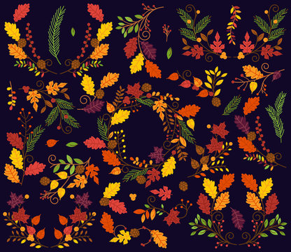 Vector Collection of Vintage Style Autumn or Fall Flowers and Laurels © pinkpueblo