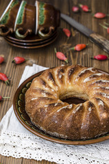 Curd pudding with semolina and apples seeding the powdered sugar   