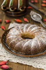 Curd pudding with semolina and apples seeding the powdered sugar   