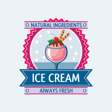 Label with a ice cream icon in the frame with the ribbon. Vector design.