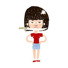 cartoon woman with knife between teeth