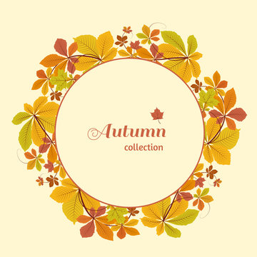 Autumn background, circle frame with yellow leaves