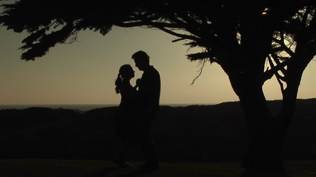 A couple slow dances under a tree.