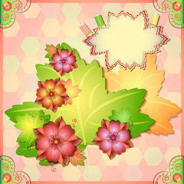 Awesome card with flowers on maple leaf in style of scrapbooking
