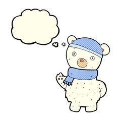 cartoon polar bear in winter hat and scarf with thought bubble