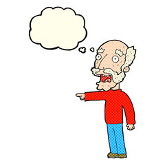 cartoon scared old man pointing with thought bubble