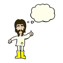 cartoon hippie man giving thumbs up symbol with thought bubble