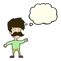 cartoon man with mustache waving with thought bubble