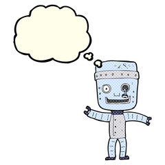 cartoon funny old robot with thought bubble