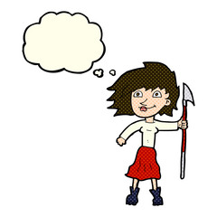 cartoon woman with spear with thought bubble