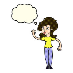 cartoon pretty woman waving with thought bubble