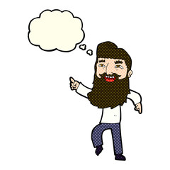 Obraz na płótnie Canvas cartoon man with beard laughing and pointing with thought bubble