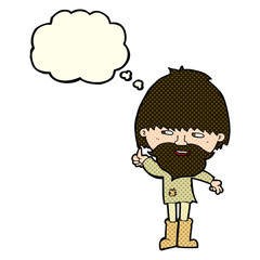 cartoon hippie man in wellington boots with thought bubble