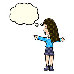 cartoon woman pointing with thought bubble