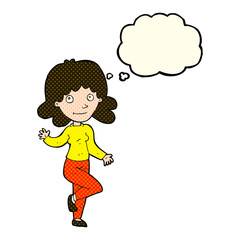 cartoon friendly woman waving with thought bubble