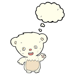 cartoon polar bear cub waving with thought bubble