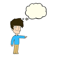 cartoon happy man pointing with thought bubble