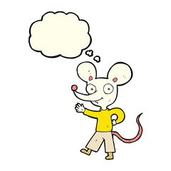 cartoon waving mouse with thought bubble
