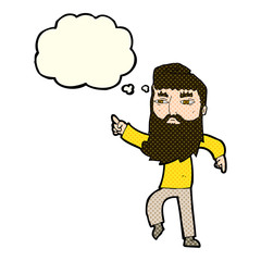 cartoon bearded man pointing the way with thought bubble