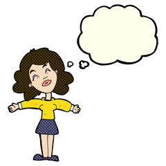 cartoon woman with open arms with thought bubble