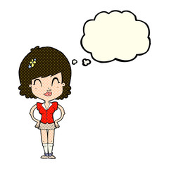 cartoon happy woman with thought bubble