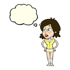 cartoon woman with hands on hips with thought bubble