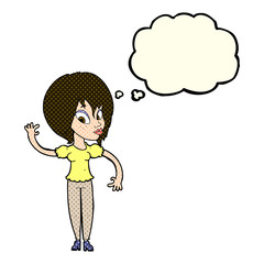 cartoon woman waving with thought bubble