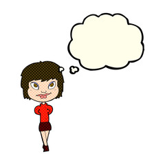 cartoon happy woman with thought bubble