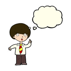 cartoon school boy answering question with thought bubble