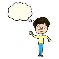cartoon happy man waving with thought bubble