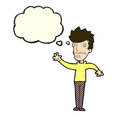 cartoon worried man reaching out with thought bubble