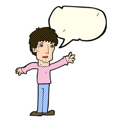 cartoon worried man reaching out with thought bubble