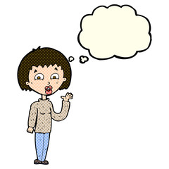 cartoon woman waving with thought bubble